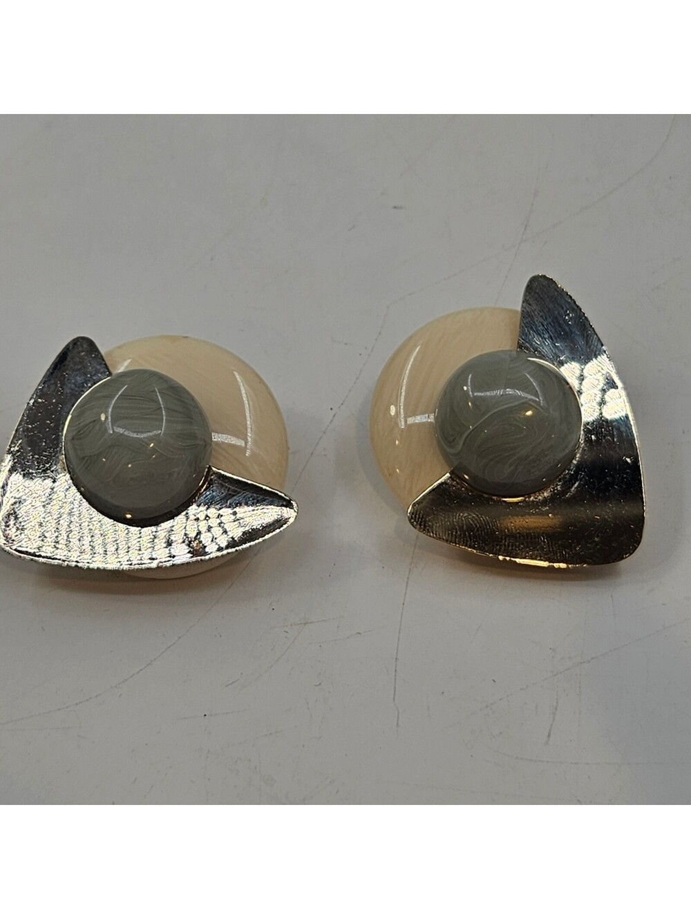 Vintage Lucite Statement Clip On Earrings Gold Tone Gray Green Cream Retro 80's